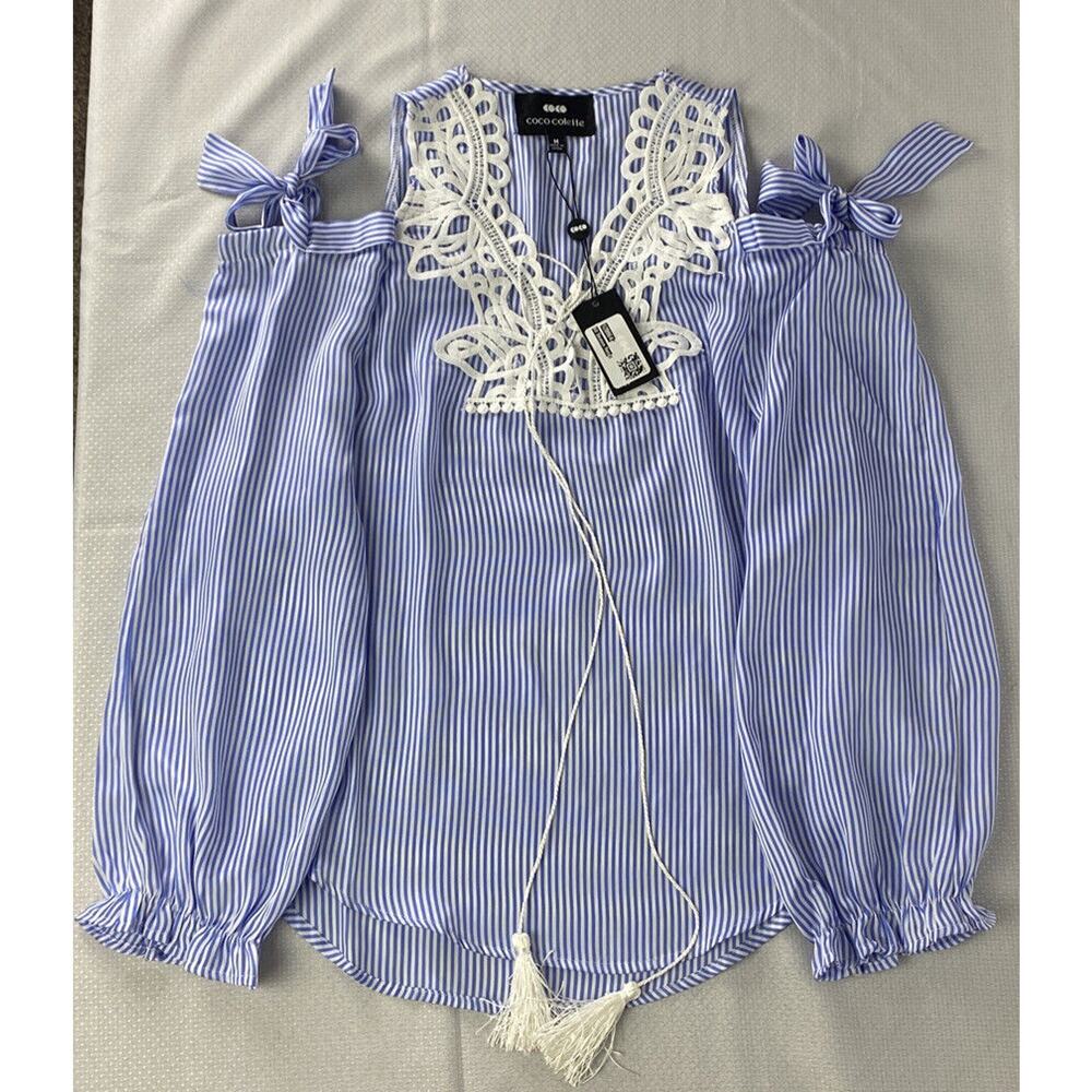 NWT Coco Colette Womens Blue &White Stripe Tied Shoulder Blouse Size M Lace Trim